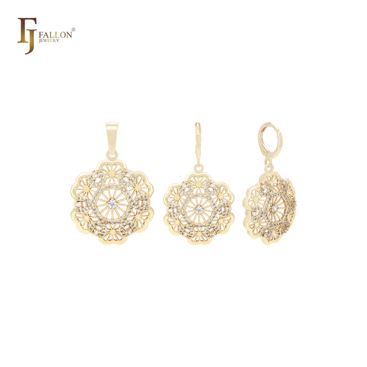 Conjunto de joias de ouro 14K com pingente e zircônias cúbicas brancas hexagonais Snowfalke