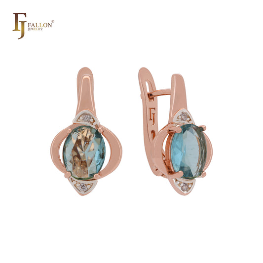 Oval solitaire clawed lake blue CZ Rose Gold two tone Russian Lock Earrings