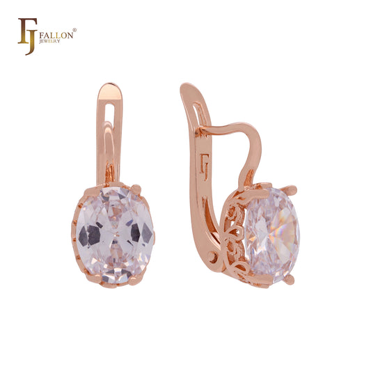 Giant oval big solitaire white CZ Rose Gold Russian Lock Earrings