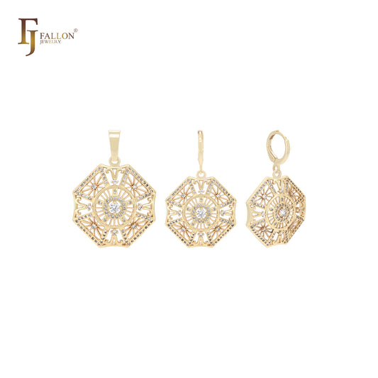 Octagon radioactive snowflake white CZs 14K Gold Jewelry Set with Pendant