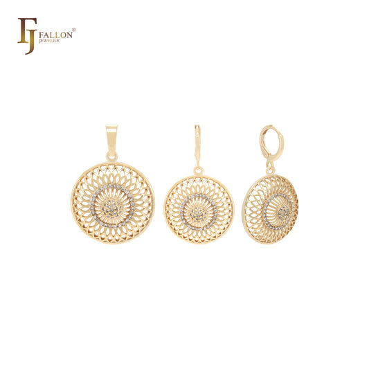 Circle sunflower halo white CZs 14K Gold Jewelry Set with Pendant