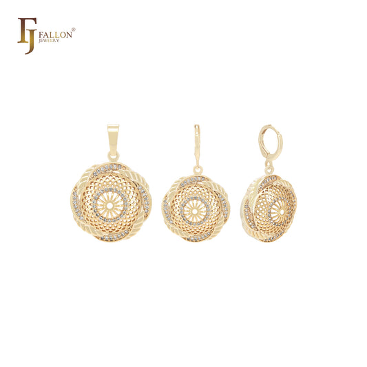 Spinning sunflower textured white CZs 14K Gold Jewelry Set with Pendant
