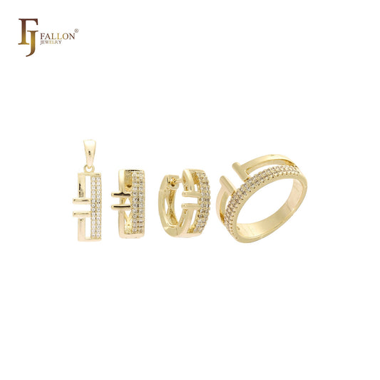 Anillos y colgante de circonita cúbica blanca pavimentados medio abiertos Oro 14K, conjunto de joyas de oro rosa