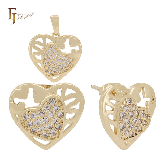 ホワイトCZクラスターローズゴールドハートインハートセット