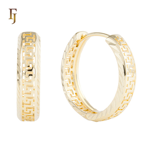 Greek Key Pattern Hoop Earrings in 18K Gold Plated Brass | Geometric Huggie Earrings for Women | FJ Fallon Jewelry