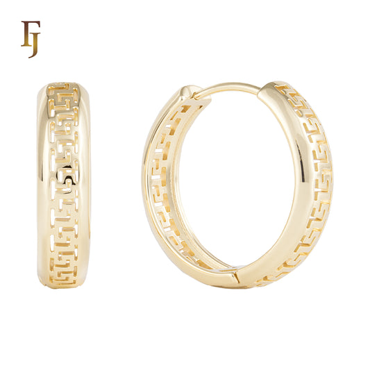 Greek Key Gold Hoop Earrings for Women | 18K Gold Plated Classic Patterned Huggie Hoops | FJ Fallon Jewelry