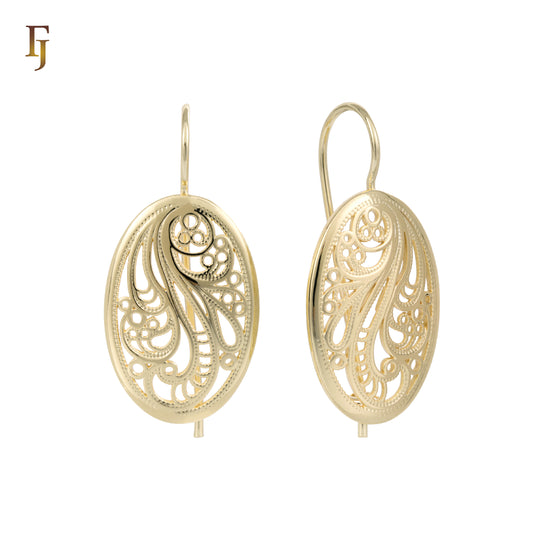 Gold Wire Hook Earrings – Oval Paisley Filigree Drop with Vintage Openwork | Elegant Non-Tarnish Jewelry by FJ