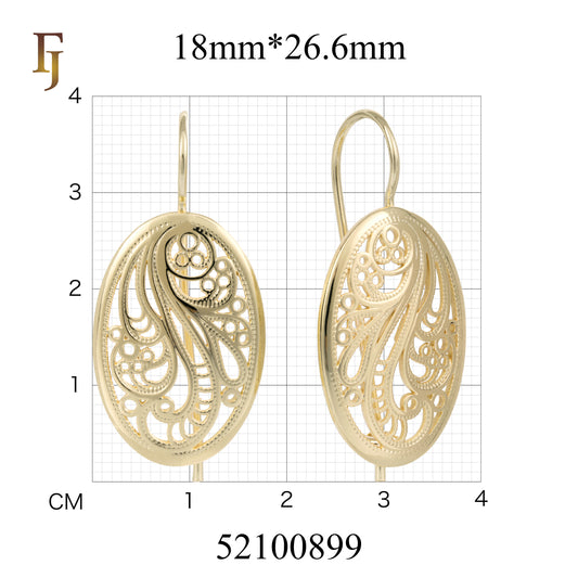 Gold Wire Hook Earrings – Oval Paisley Filigree Drop with Vintage Openwork | Elegant Non-Tarnish Jewelry by FJ