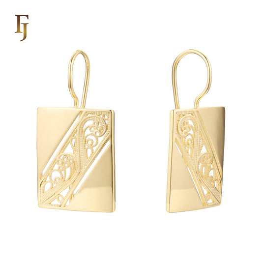 Rectangular Filigree Wire Hook Earrings – Gold-Plated Long Drop Earrings – Vintage Hollow Carved Design