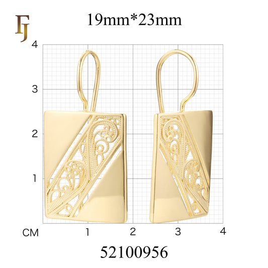 Rectangular Filigree Wire Hook Earrings – Gold-Plated Long Drop Earrings – Vintage Hollow Carved Design