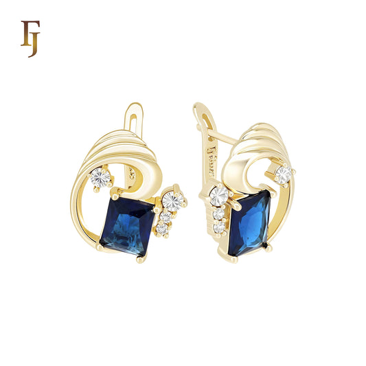 Solitaire squared Blue CZ wave of 14K Gold Russian Lock Earrings