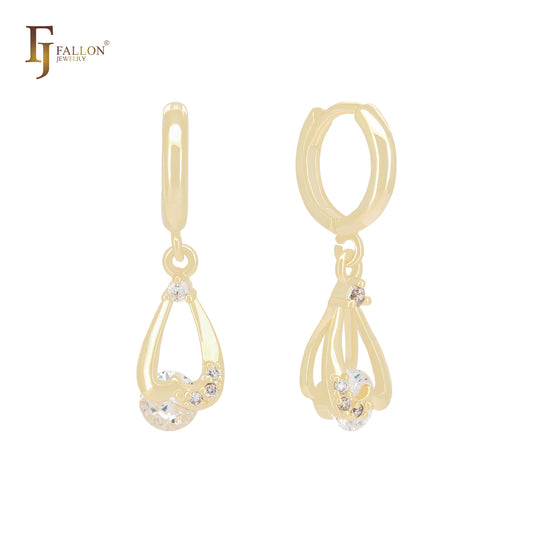 Solitär-Ohrringe in Diamantform mit weißen Zirkonia-Tropfen aus 14 Karat Gold