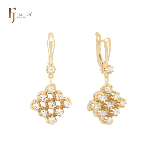 Cluster white Czs flower of whiteCZ 14K Gold Russian Lock Earrings
