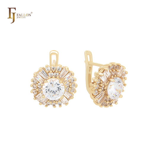 Cluster white CZs multi shape 14K Gold Russian Lock Earrings