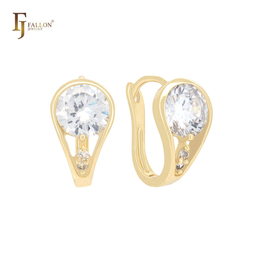 Grand curved rounded white CZ 14K Gold Russian Lock Earrings
