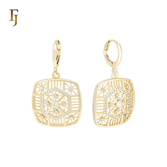 Snowfalke white CZs 14K Gold drop Huggie Earrings