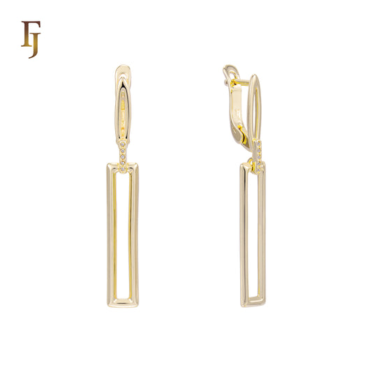 Gold Long Geometric Drop Earrings with CZ Accents – Elegant Dangle Earrings for Women – FJ Jewelry