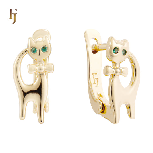 Cute Gold Cat Earrings with Green CZ Eyes and Bow – Adorable Animal Jewelry for Girls and Women