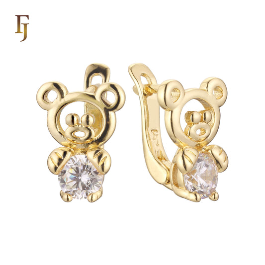 Gold Child Russian Lock Earrings – Cute Bear Design with CZ Belly | Non-Pierced Girls’ Jewelry by FJ