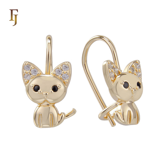 Gold Child Earrings – Cute Cat Wire Hook with CZ Ears | Non-Tarnish Pierced Jewelry by FJ