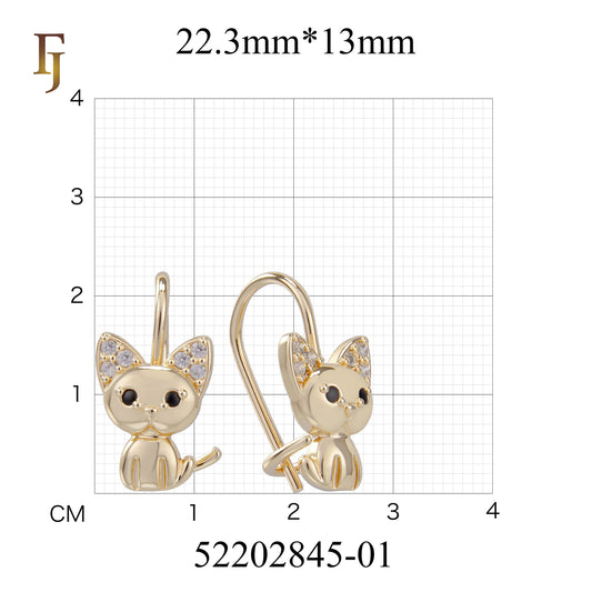 Gold Child Earrings – Cute Cat Wire Hook with CZ Ears | Non-Tarnish Pierced Jewelry by FJ