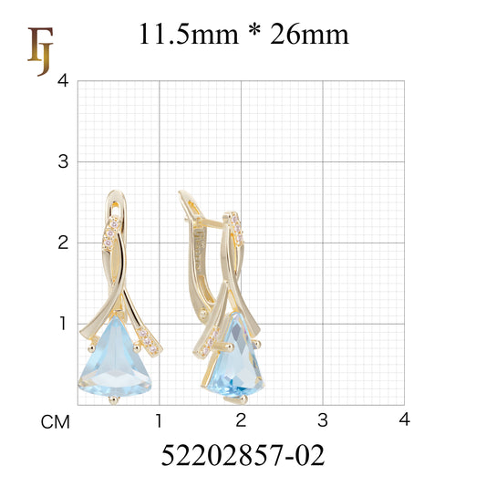 Gold Russian Lock Earrings – Blue Triangle CZ Drop with Crisscross Pavé Design | Elegant Non-Tarnish Jewelry by FJ