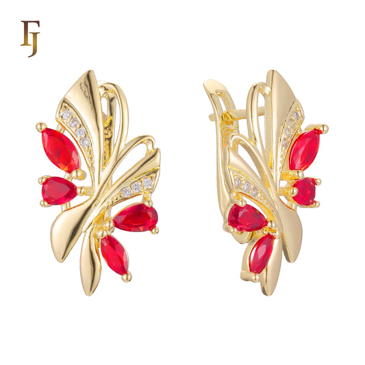 Gold-Plated Russian Lock Earrings with Red CZ Gemstones – Elegant Butterfly Design Earrings