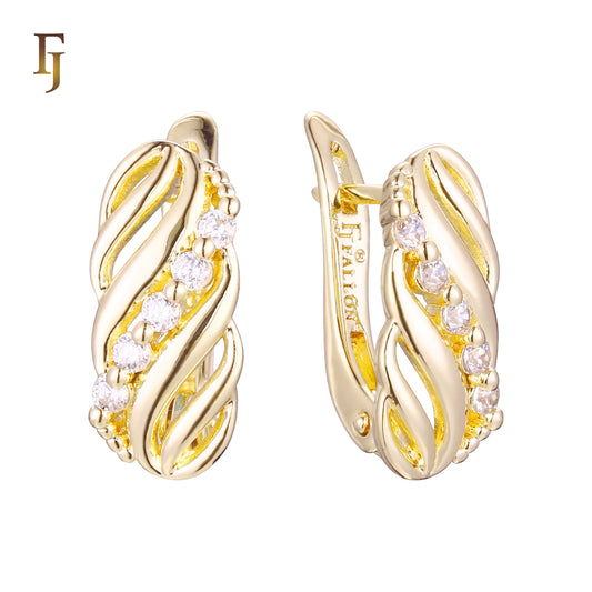 Gold-Plated Russian Lock Earrings with Twisted Design and CZ Accents – Elegant Hoop Style