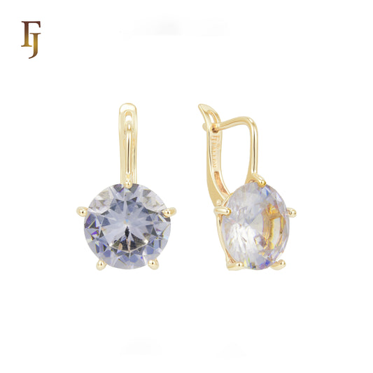 Gold Russian Lock Earrings – Round Light Purple CZ Four-Prong Drop | Minimalist Non-Tarnish Jewelry by FJ