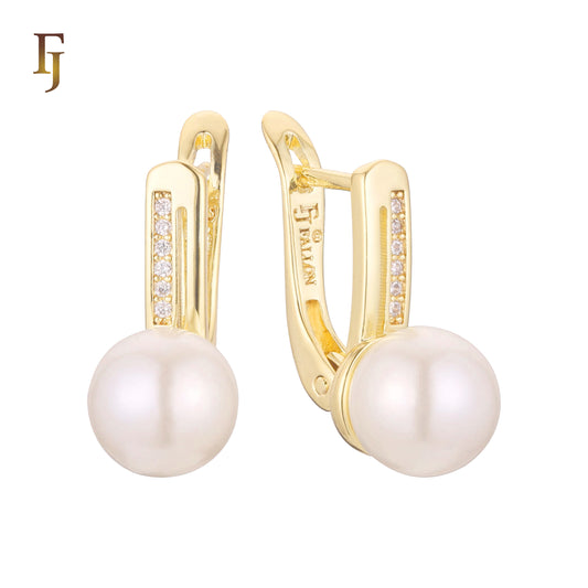 Gold-Plated Russian Lock Earrings with Simulated Pearl Drop and CZ Accents – Elegant Bridal Jewelry