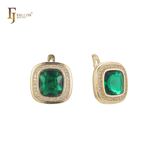 Solitaire emerald halo cushion cut CZ Rose Gold earrings