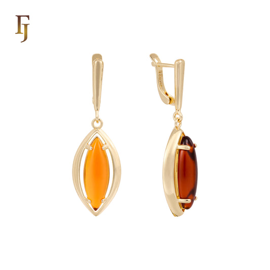 .Aretes marquesa con piedra naranja grande, baño en Oro 14K, Oro Rosa