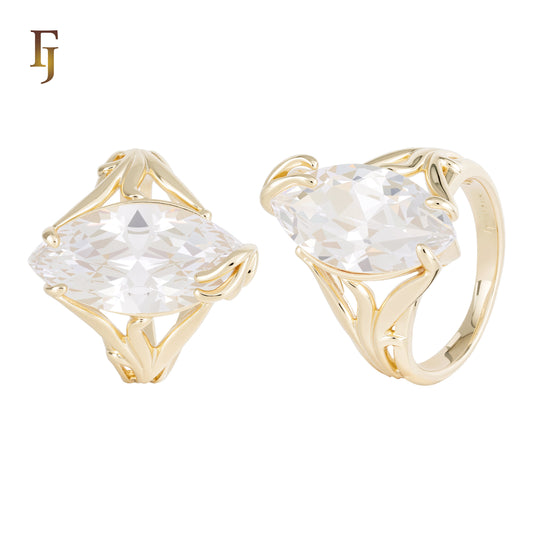 Elegant Leaf Prong Marquise CZ Statement Ring in Gold Finish | FJ Fallon Jewelry