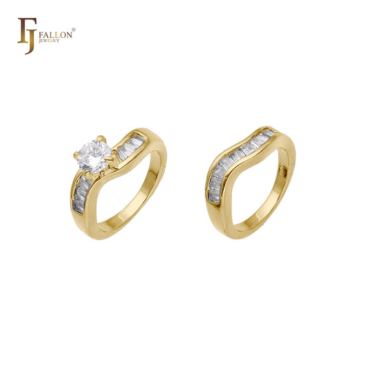 Anillos apilables de oro de 14 quilates y oro de 18 quilates con circonitas blancas solitarias y circonitas baguette.