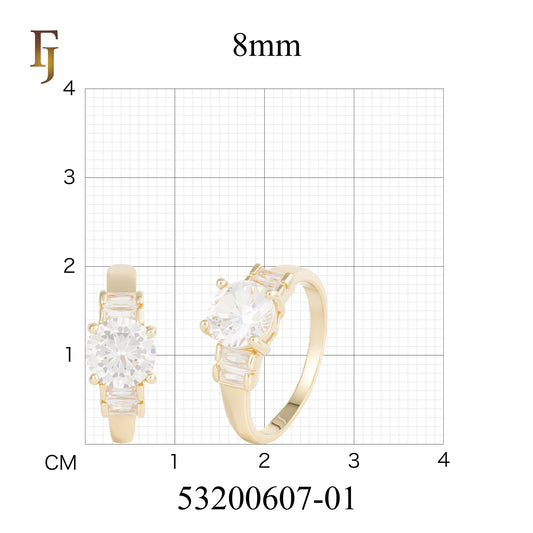 ソリティアの大きなラウンド ストーン リングの側面には、18K ゴールド、14K ゴールド メッキ色のエメラルド カット ストーンが付いています。