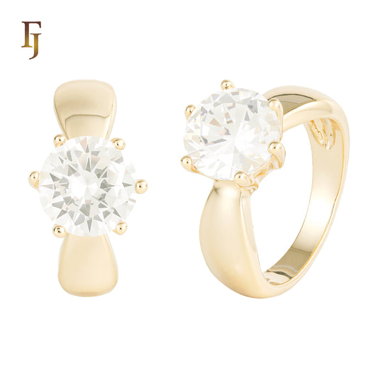 ソリティア ビッグ ラウンド ストーン プレーン デザイン 幅広 リング (18K ゴールド、14K ゴールド メッキ カラー)