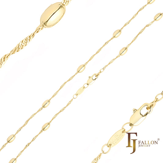 Oval Beads Singapore link chains plated in 14K Gold, Rose Gold, two tone, White Gold