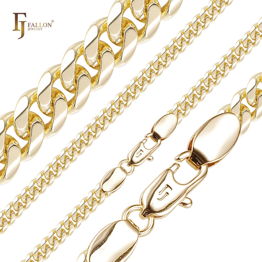 Correntes cubanas clássicas estilo Miami com flanco arredondado e superfície achatada banhadas em ouro 14K, ouro rosa RFSF