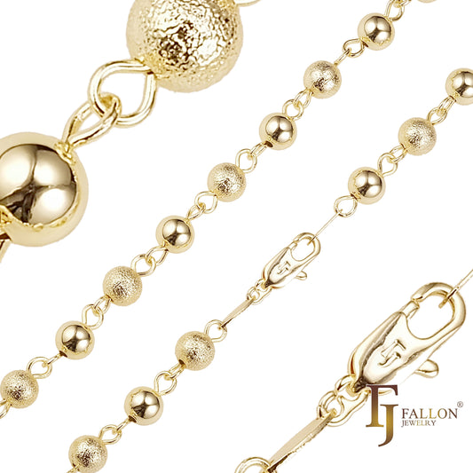 Glossy Brushed mixed Beads link chains plated in White Gold, 14K Gold, three tone