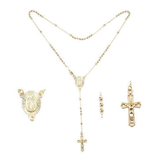 Italian Virgin of Sunburst Etched Guadalupe Catholic Rosary Necklace (Faceted Disco Beads) plated in 14K Gold