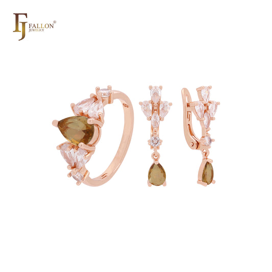 Conjunto de joyas de oro rosa con circonitas cúbicas en forma de pera y anillos