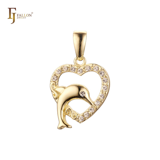 Little Dolhpin of white CZs 14K Gold Animal Pendant