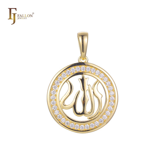 イスラムのアッラーの印、ハロー舗装のホワイトCZ、14Kゴールド、ローズゴールド、18Kゴールドペンダント