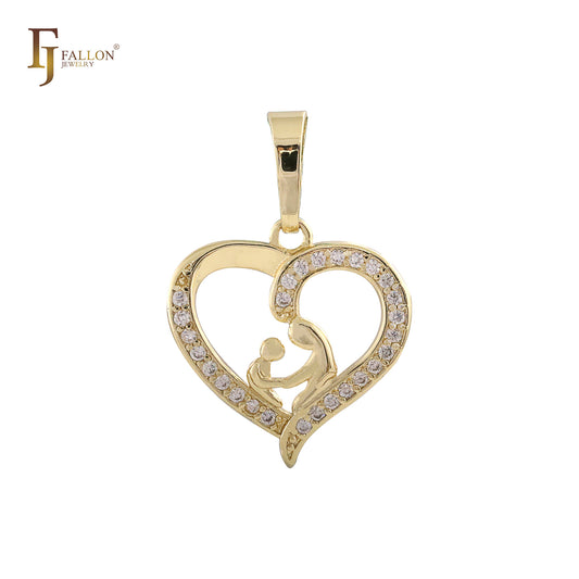 Pingente de coração de ouro 14K de mãe e filho