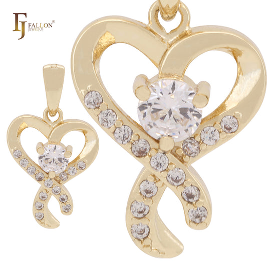 Solitário branco CZs cluster pingente de coração solitário em ouro 14K