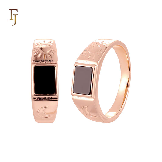 Squared Black Onyx Rose Gold Sun and Moon Men's Signet Rings