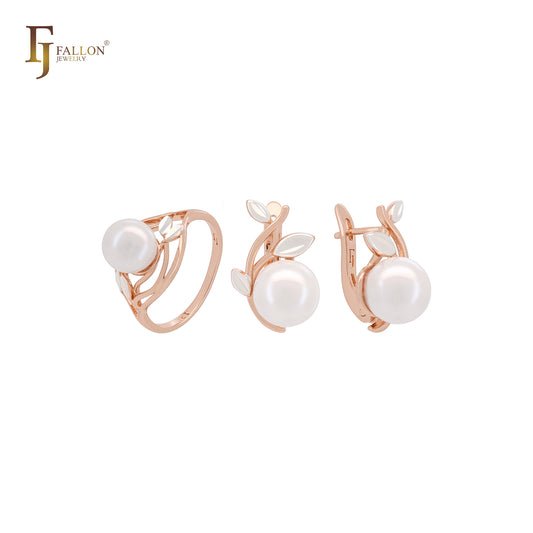 Conjunto de joyas de dos tonos en oro rosa con hojas de plata y anillos