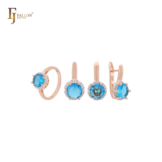 Conjunto de joyas de oro rosa en dos tonos con solitario halo, grande, redondo, colorido, circonita cúbica, anillos y colgante.