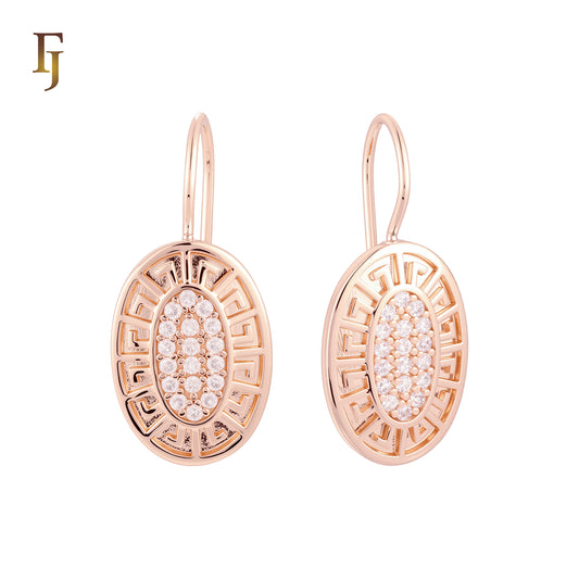 Oval solid shaped of Greek key meander Rose Gold Wire Hook Earrings