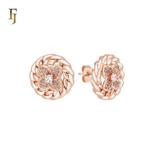 Rounded rope circle clover white CZs 14K Gold, Rose Gold Stud Earrings